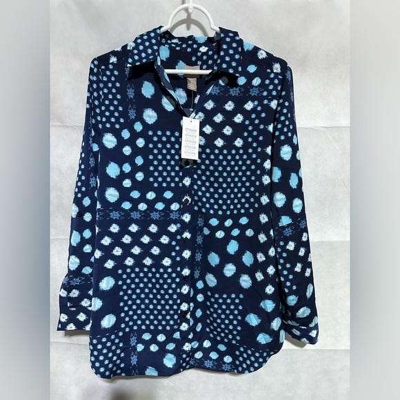 Chico's Tops - CHICO’S Women’s 1/M Patchwork Play Candy Button Down Blue Blouse Midnight *NEW*